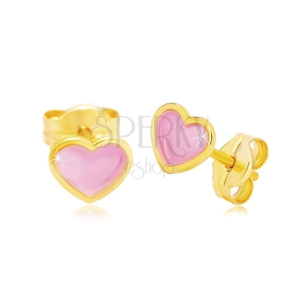 Cercei din aur galben de 14K - inimă cu smalț roz
