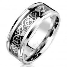 Inel din oțel cu ornamente negre și argintii, 8 mm
