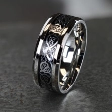 Inel din oțel cu ornamente negre și argintii, 8 mm