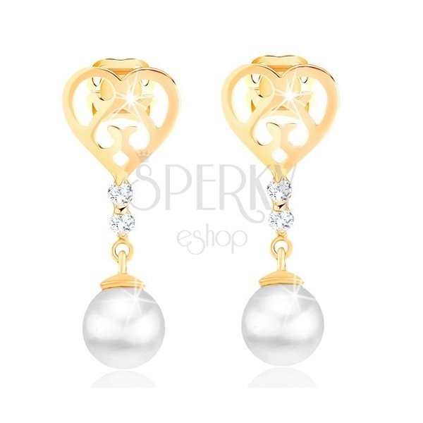 Cercei din aur 585 - inimă cu ornamente sculptate, diamante și perlă