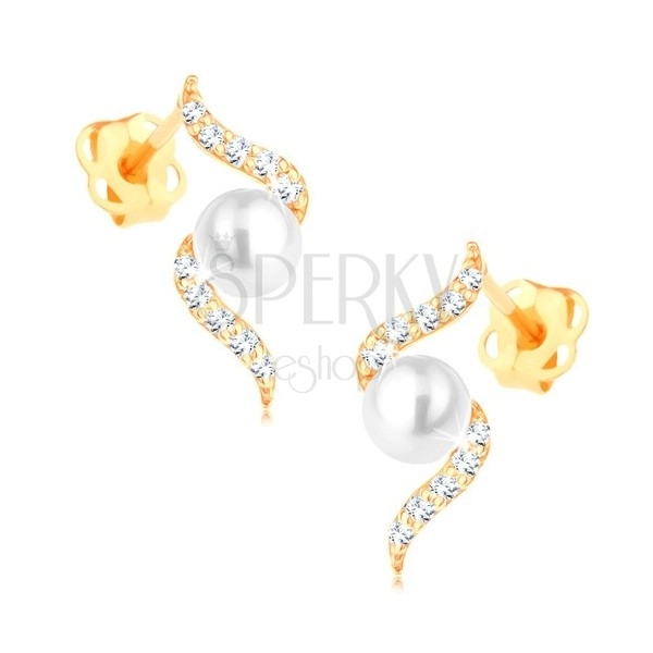 Cercei din aur galben 585 - spirală de diamante cu perlă în mijloc