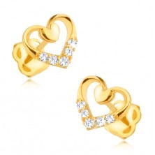 Cercei din aur, de 14K, diamante - contur inimă, inimă mai mică și diamante