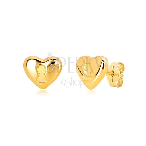 Cercei din aur galben de 14 K - inima cu gaura de chei, inchidere de tip fluturaș