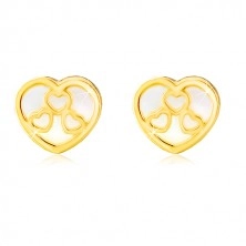 Cercei din aur galben de 14K – inimă cu suprafața perlată și contururi de inimă