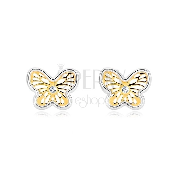 Cercei din aur combinat 585 - fluture sculptat decorativ cu zirconiu