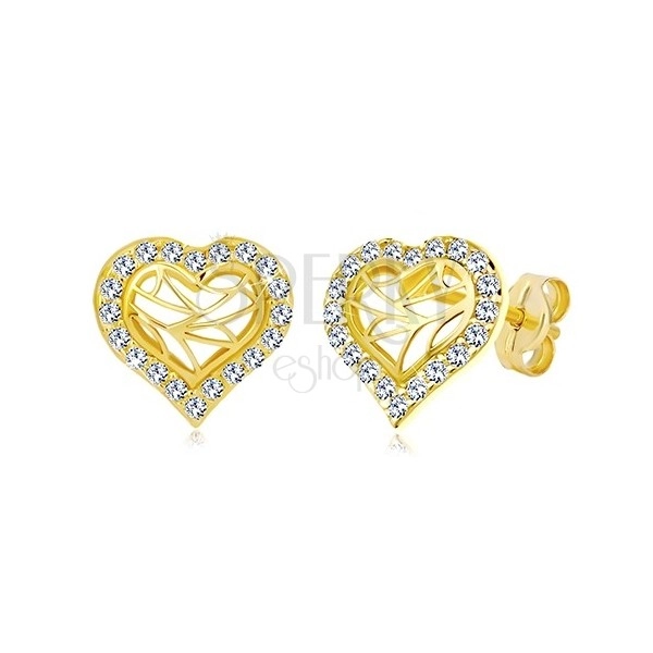 Cercei din aur galben 585 - contur de inimă cu zirconii