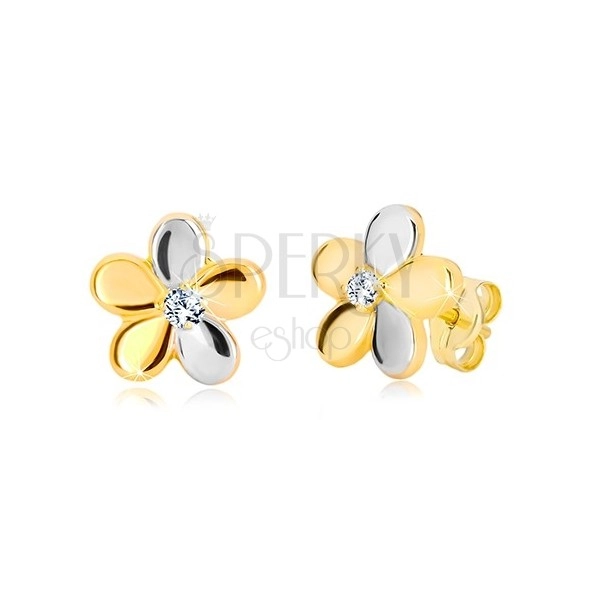 Cercei din aur 585 - floare cu cinci petale bicolore și zirconiu