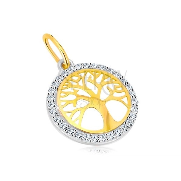 Pandantiv din aur combinat de 14K - cerc cu copacul vieții, zirconii strălucitoare
