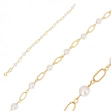Brățară din aur 585 - perle albe rotunde, zale ovale cu crestături