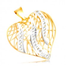 Pandantiv din aur de 14 K - contur de inimă, flăcări din aur alb cu zirconii