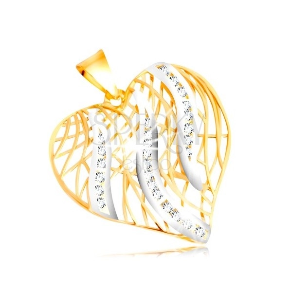 Pandantiv din aur de 14 K - contur de inimă, flăcări din aur alb cu zirconii