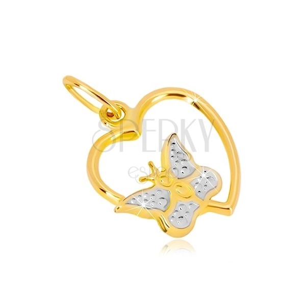 Pandantiv din aur combinat de 14K - contur strălucitor de inimă, fluture
