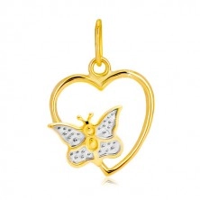 Pandantiv din aur combinat de 14K - contur strălucitor de inimă, fluture