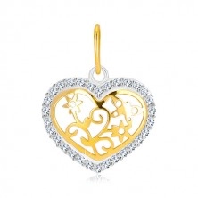 Pandantiv din aur de 14K - contur de inimă cu zirconii, centru sculptat decorativ