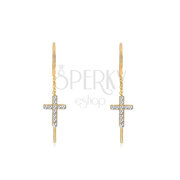 Cercei din aur galben 585 - Cruce Latină decorată cu zirconii, arc, bandă subțire 