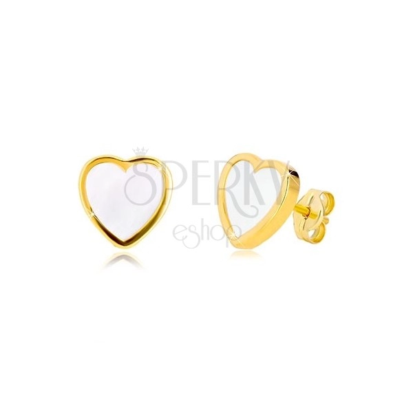 Cercei din aur galben 14K - contur simetric de inimă cu perle naturale