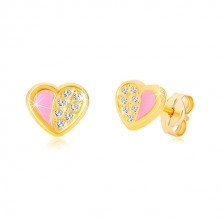 Cercei din aur de 14K - inimă simetrică decorată cu zirconii, smalț roz