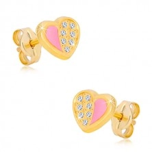 Cercei din aur de 14K - inimă simetrică decorată cu zirconii, smalț roz