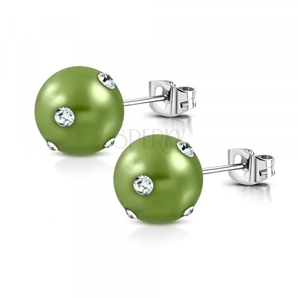Cercei din oțel - perla acrilică sintetică în nuanță verde deschis, zirconii