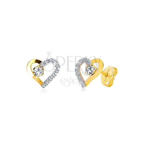 Cercei din aur combinat 585 - inimă cu linie de zirconii și zirconiu transparent
