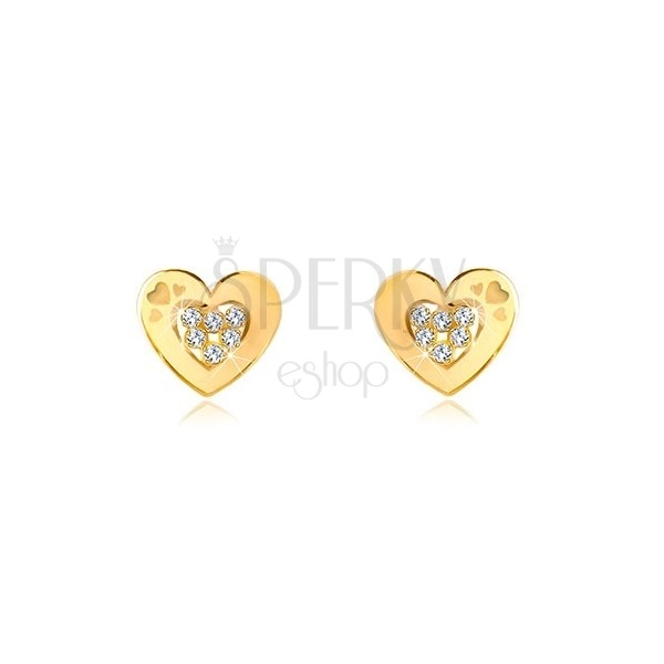 Cercei din aur galben de 14K - contur de inimă cu zirconii în centru