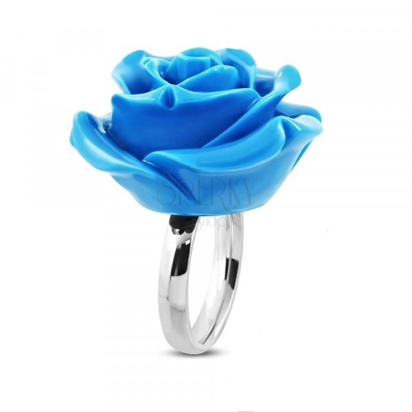 Inel din oțel inoxidabil - trandafir înflorit, rășină albastră strălucitoare