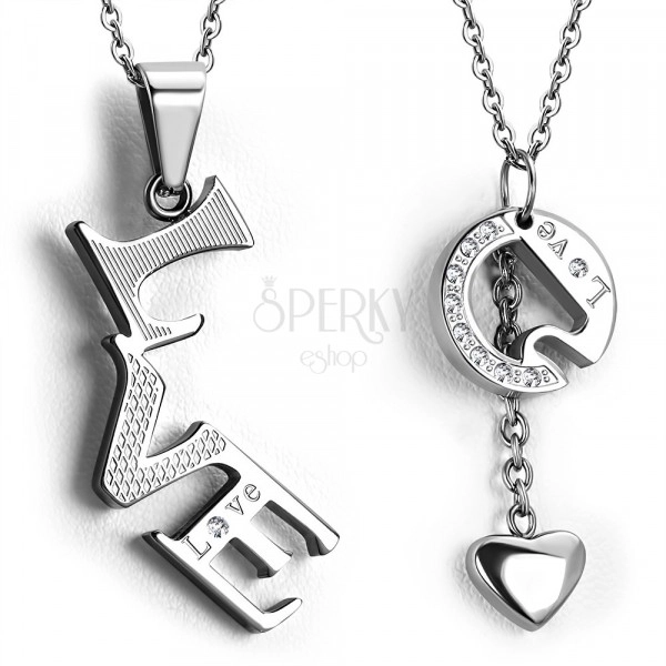 Pandantiv din oțel pentru cuplu - inscripție separată „LOVE”, inimă pe lanț, zirconii