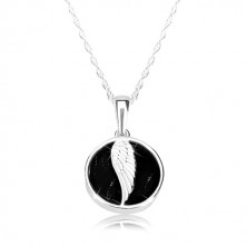 Colier din argint 925 - aripă de înger, cerc lucios, smalț de culoare neagră