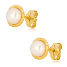 Cercei din aur 375 - perla de apă dulce de culoare albă în suport rotund, închidere de tip fluturaș