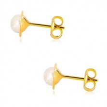 Cercei din aur 375 - perla de apă dulce de culoare albă în suport rotund, închidere de tip fluturaș
