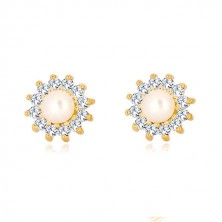 Cercei din aur de 9K - floare din zirconii transparente, perlă de culoare albă