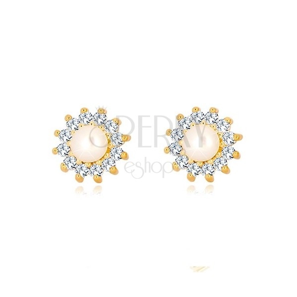 Cercei din aur de 9K - floare din zirconii transparente, perlă de culoare albă