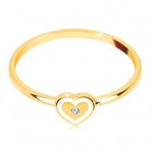 Inel din aur galben de 9K - inimă cu margini albe și zirconiu transparent