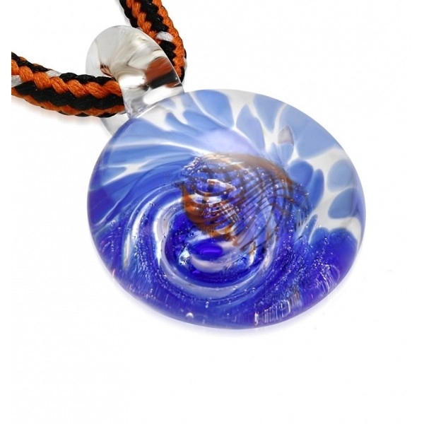 Colier din cordon - sticlă colorată cu spirală de culoare albastră, valuri portocalii