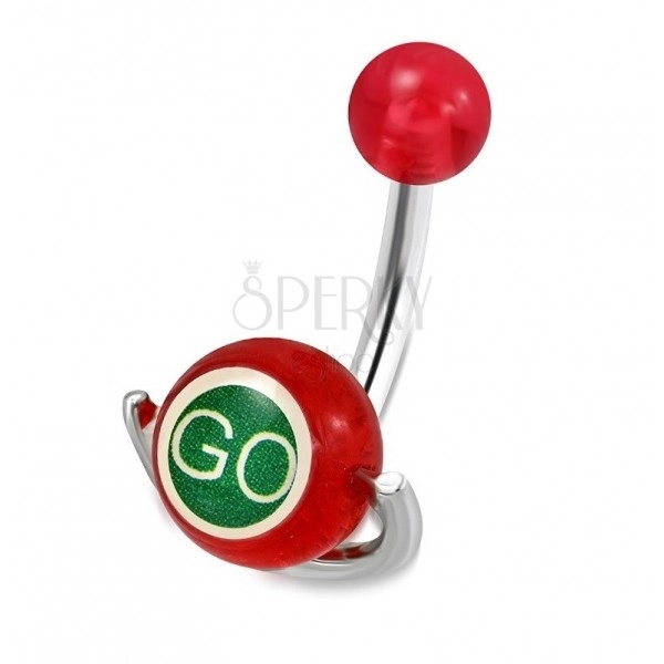 Piercing pentru buric din oțel - bilă roșie, cu inscripții „GO” și „STOP”