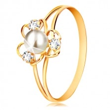 Inel din aur galben 9K - floare cu trei petale, perlă albă și zirconii transparente
