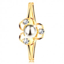 Inel din aur galben 9K - floare cu trei petale, perlă albă și zirconii transparente