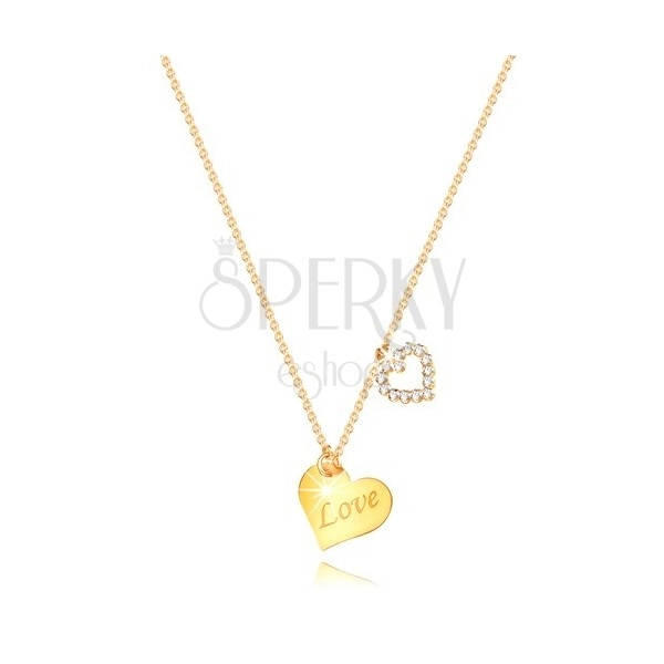 Colier din aur de 9K - inimă cu inscripția "Love", contur de inimă cu zirconii