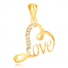 Pandantiv lucios din aur galben 9K - contur de inimă și inscripția "Love", zirconii transparente