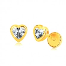 Cercei din aur galben 585 - contur de inimă simetrică, inimă din zirconiu strălucitor, închidere de tip fluturaș