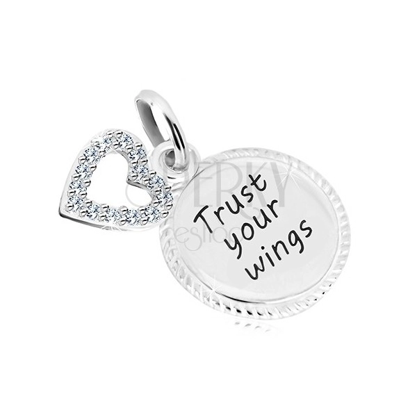 Pandantiv din argint 925 - cerc cu inscripția "Trust your wings", contur de inimă cu zirconii