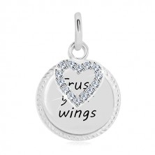 Pandantiv din argint 925 - cerc cu inscripția "Trust your wings", contur de inimă cu zirconii
