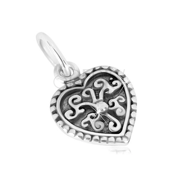 Pandantiv din argint 925 - inima simetrica, floare de ornament cu bila, patina