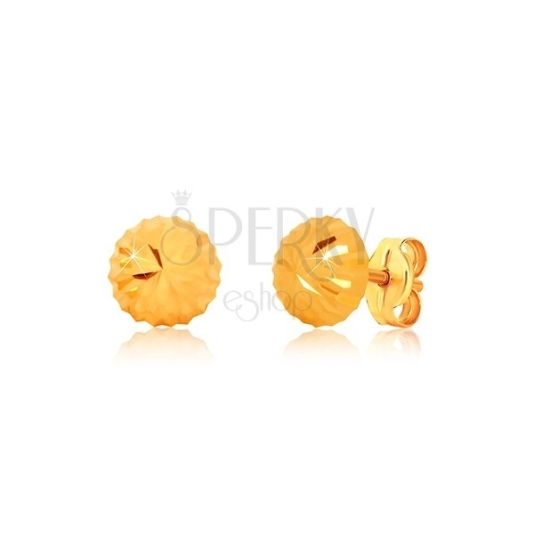Cercei din aur galben 375, motive florale - cap strălucitor cu tăieturi, închidere de tip fluturaș