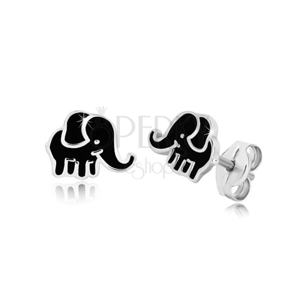 Cercei din argint - elefant cu smalț de nuanță neagră