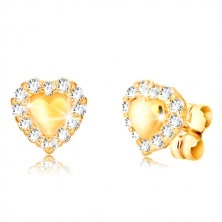 Cercei din aur galben 375 - inimă plină simetrică, marginede zirconii transparente