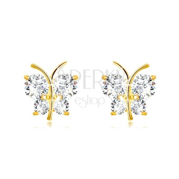 Cercei din aur 9K - fluture lucios cu aripi strălucitoare, zirconii transparente