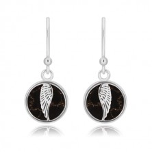 Cercei din argint 925 - cerc cu aripă de înger, smalț de culoare neagră cu model de marmură