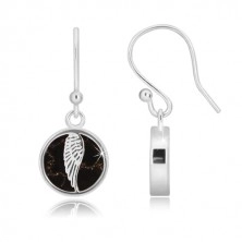 Cercei din argint 925 - cerc cu aripă de înger, smalț de culoare neagră cu model de marmură