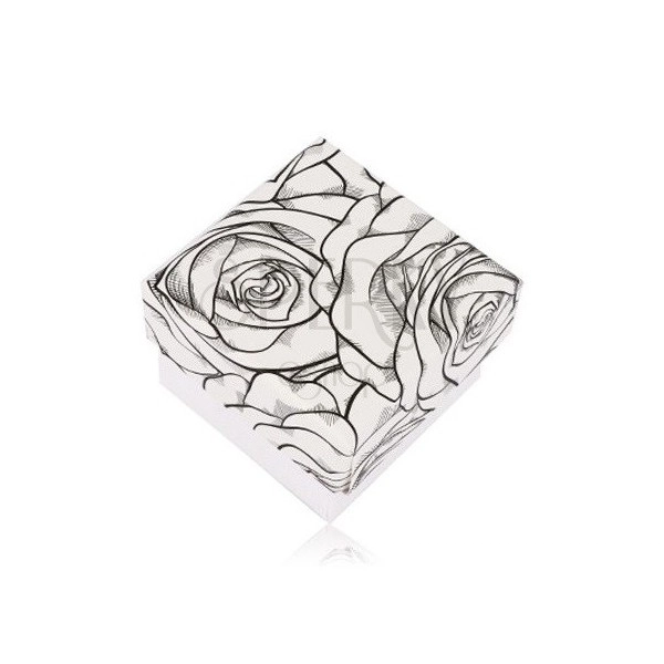 Cutie pentru cercei sau inel, model cu trandafiri negri pe fundal alb